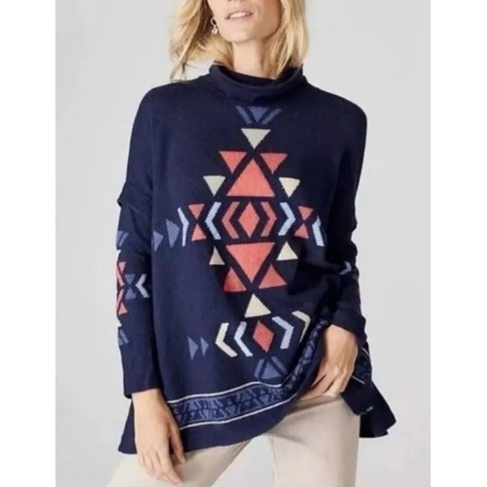 J. Jill Navy Blue Southwestern Poncho Sweater Large Cowl Neck Oversize Boho Cozy